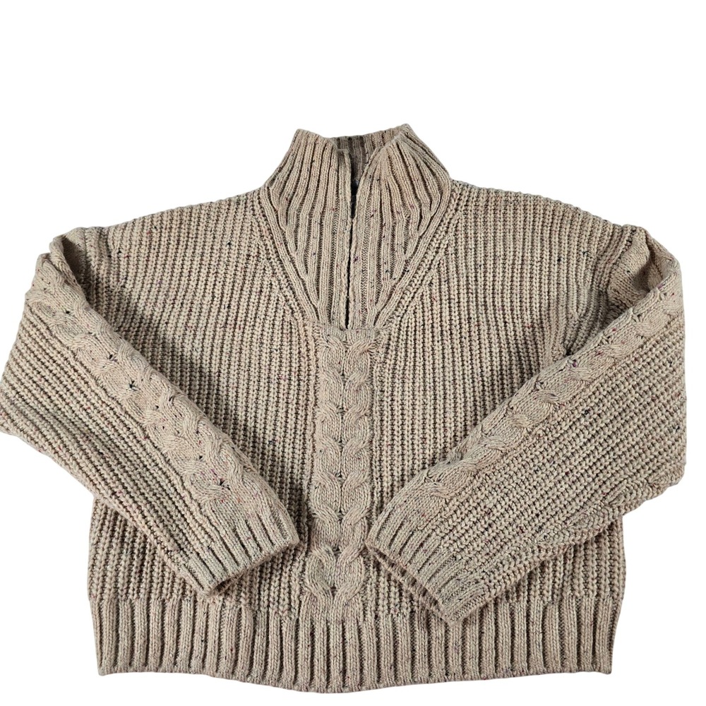Prana Women Beige Speckled Wool Silk Blend Cable Knit Sweater Large 2045181